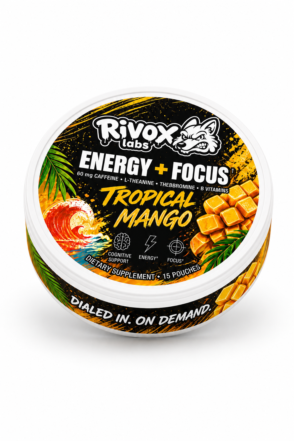Rivox Tropical Mango zero-nicotine focus pouch can, front view