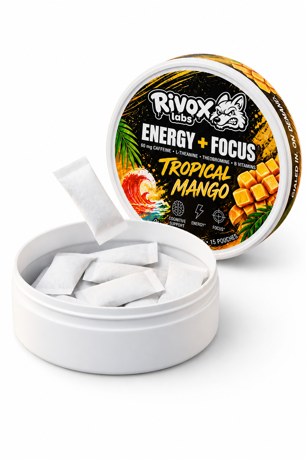 A single Rivox Tropical Mango focus pouch