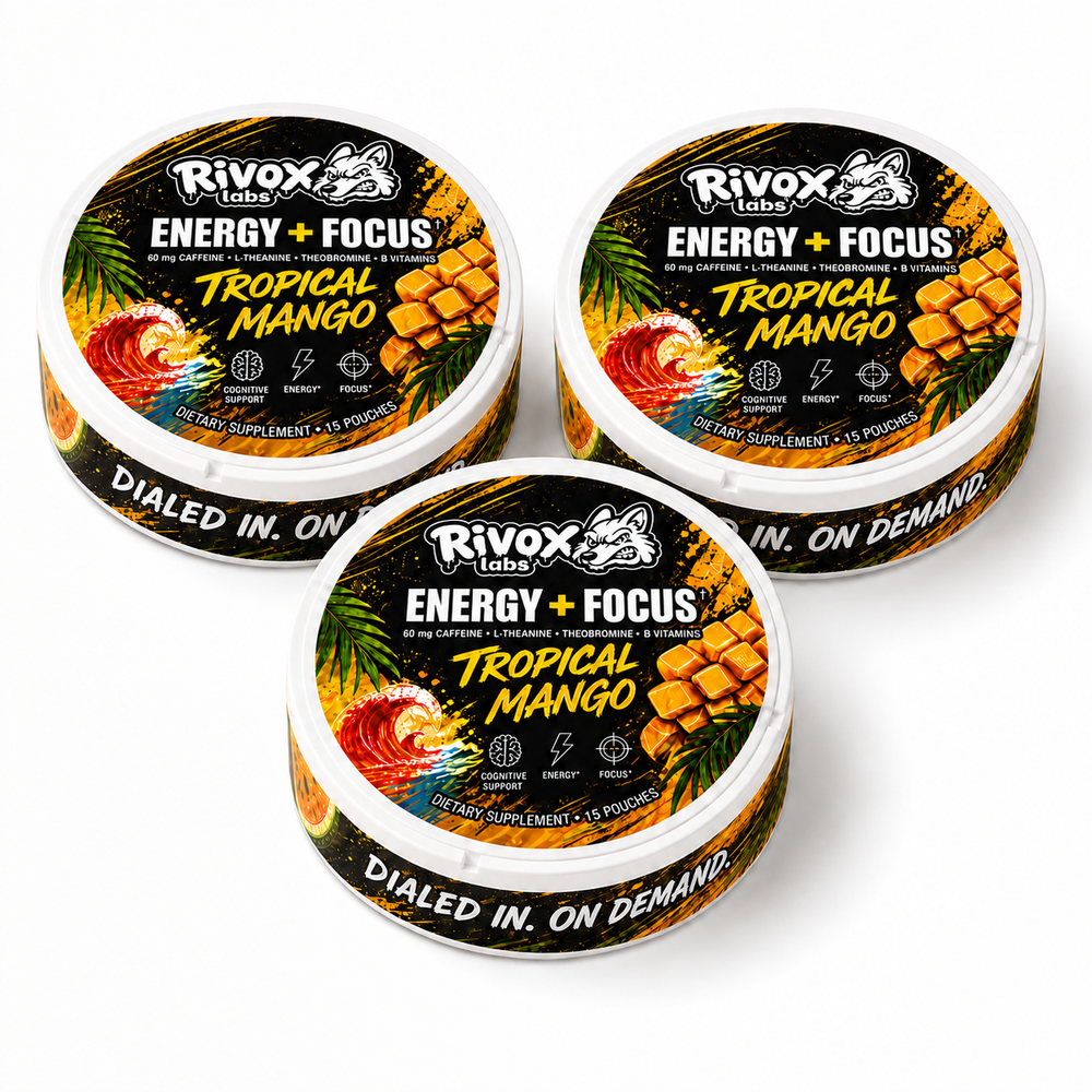Rivox Focus Pouches – Tropical Mango 3-Pack| Zero-Nicotine Energy + Focus, Caffeine + L-Theanine (No Crash)