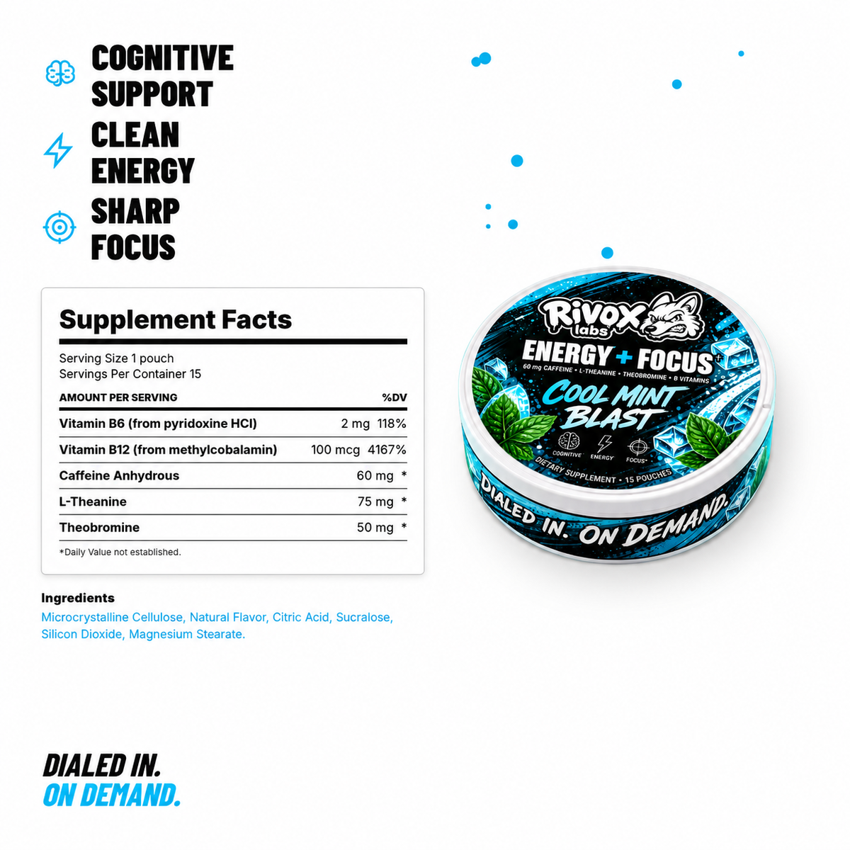 Rivox Cool Mint supplement facts: caffeine, L-theanine, theobromine, B6, B12