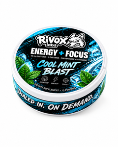 Rivox Cool Mint zero-nicotine focus pouch can, front view