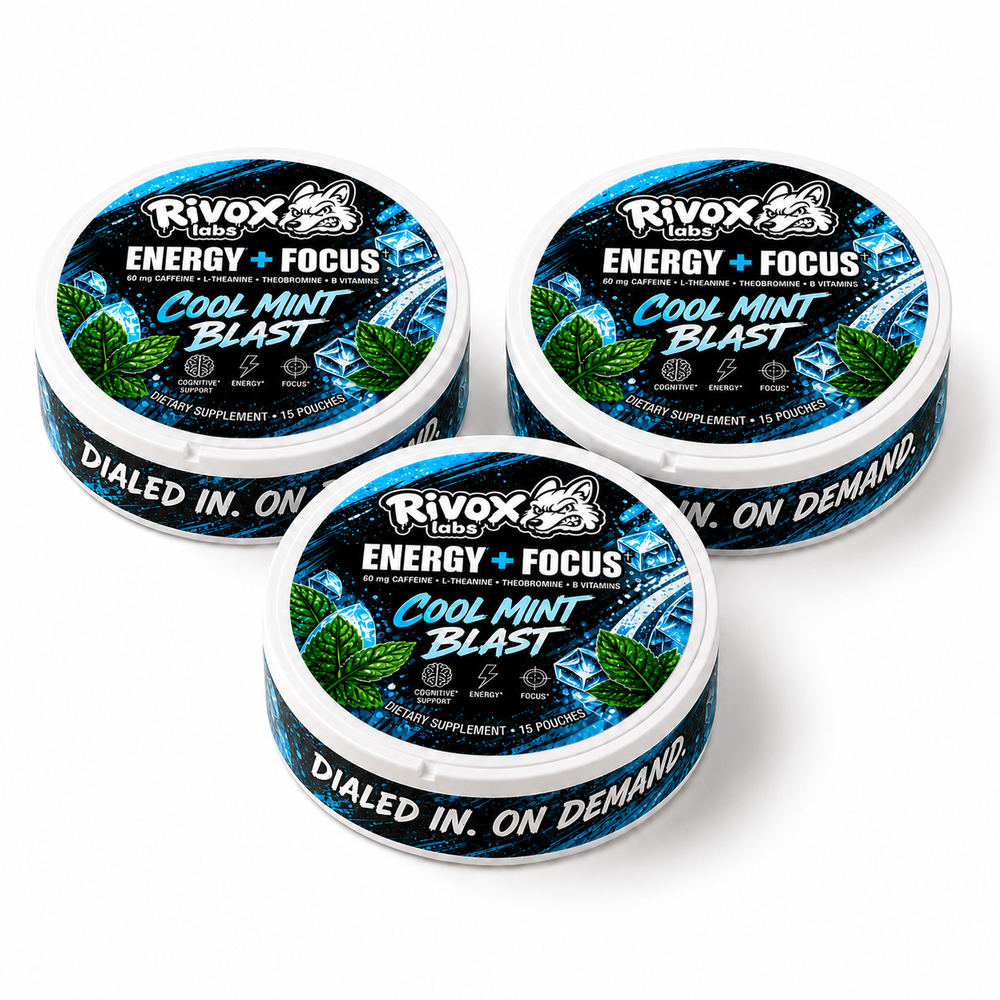 Rivox Focus Pouches – Cool Mint 3 Pack | Zero-Nicotine Energy + Focus, Caffeine + L-Theanine (No Crash)