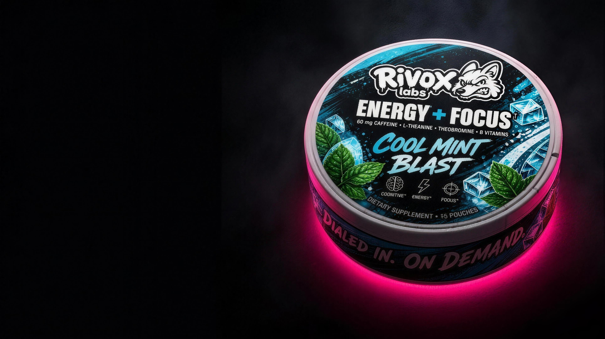 Rivox Cool Mint Blast can large right of frame with pink underglow on near-black