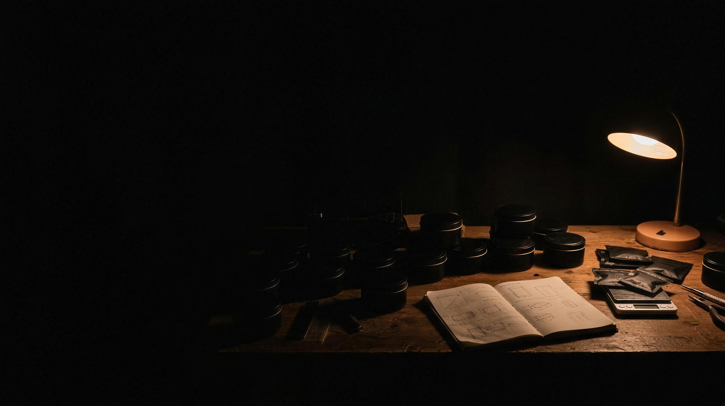 Dim workbench with prototype tins and notebook under a desk lamp