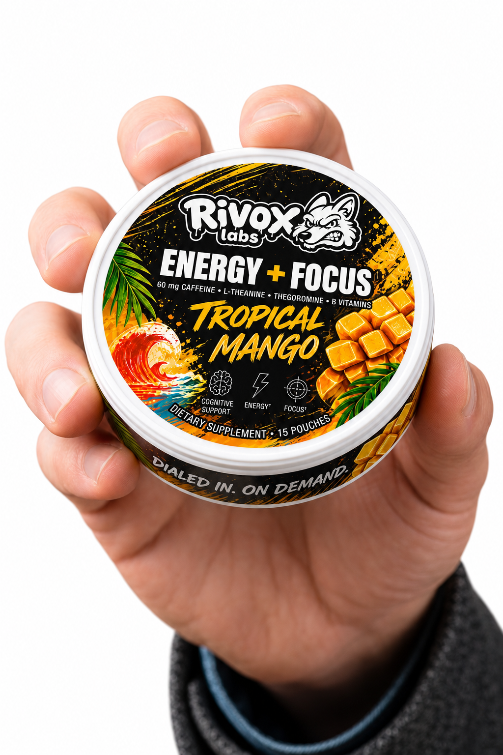 Hand holding a Rivox Tropical Mango focus pouch can