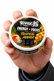 Hand holding a Rivox Tropical Mango focus pouch can