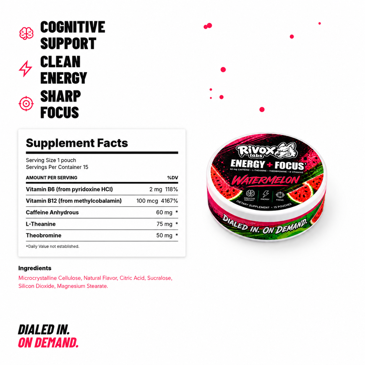 Rivox Watermelon Candy supplement facts: caffeine, L-theanine, theobromine, B6, B12