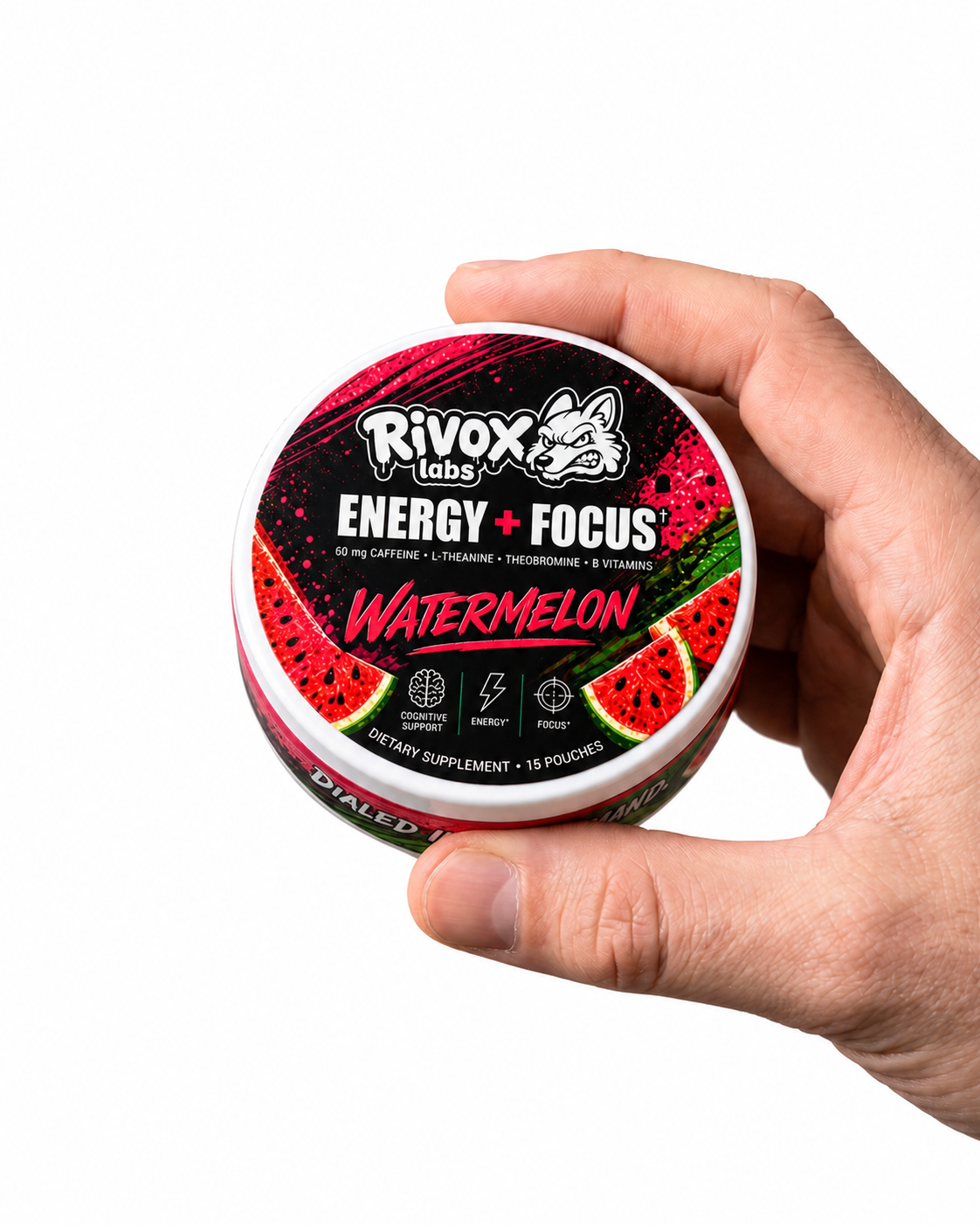 Hand holding a round white plastic tin of Rivox labs Watermelon Energy + Focus pouches with a red and black label.