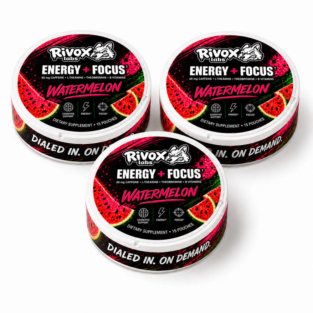 Rivox Focus Pouches – Watermelon Candy 3 Pack | Zero-Nicotine Energy + Focus, Caffeine + L-Theanine (No Crash)