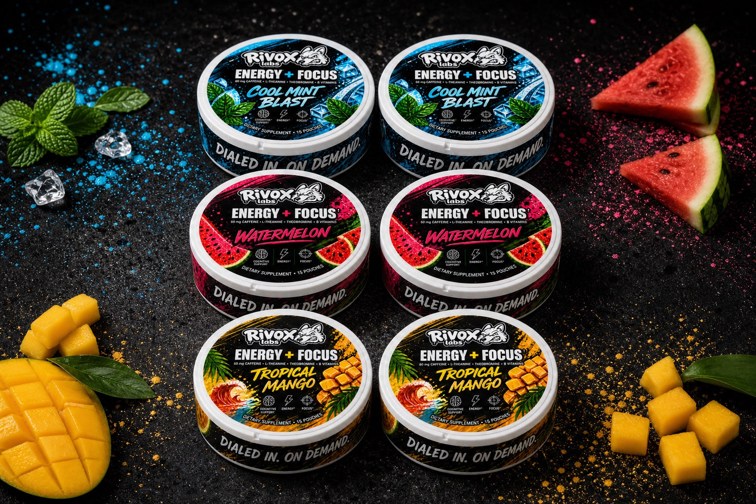 Six Rivox Energy and Focus cans, two of each flavor