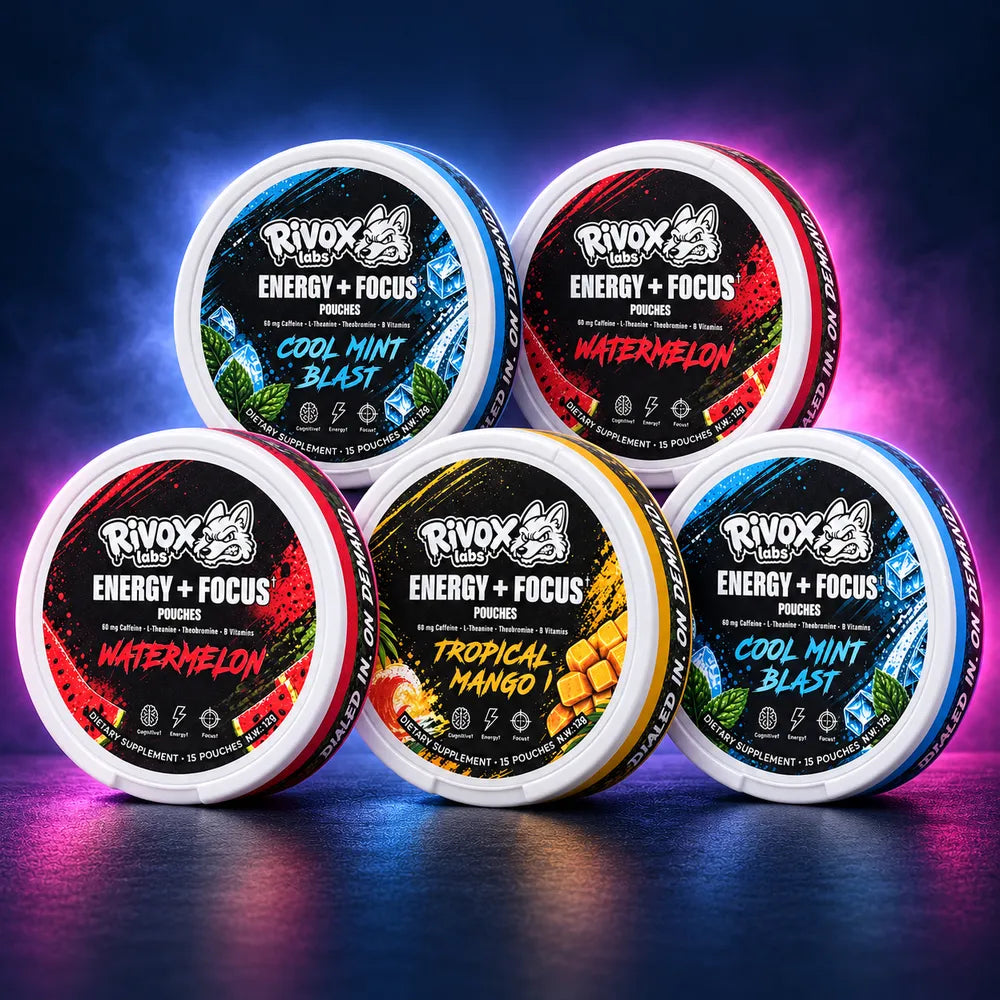 Five round Rivox Labs Energy + Focus tins in Tropical Mango, Cool Mint Blast, and Watermelon flavors arranged in two rows.