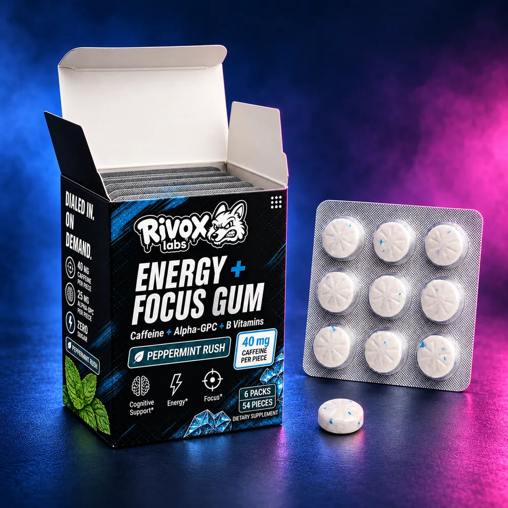Open Rivox gum box with six packs and round gum pieces