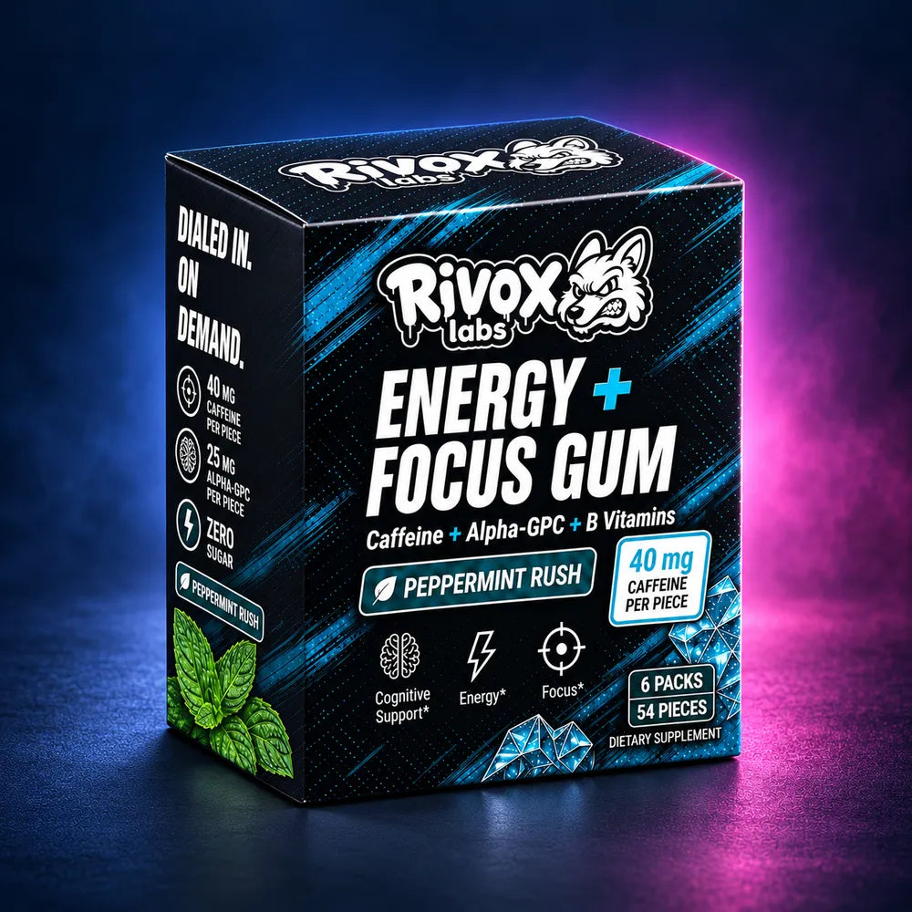 Rivox Peppermint Rush Energy + Focus Gum, six packs and 54 pieces per box