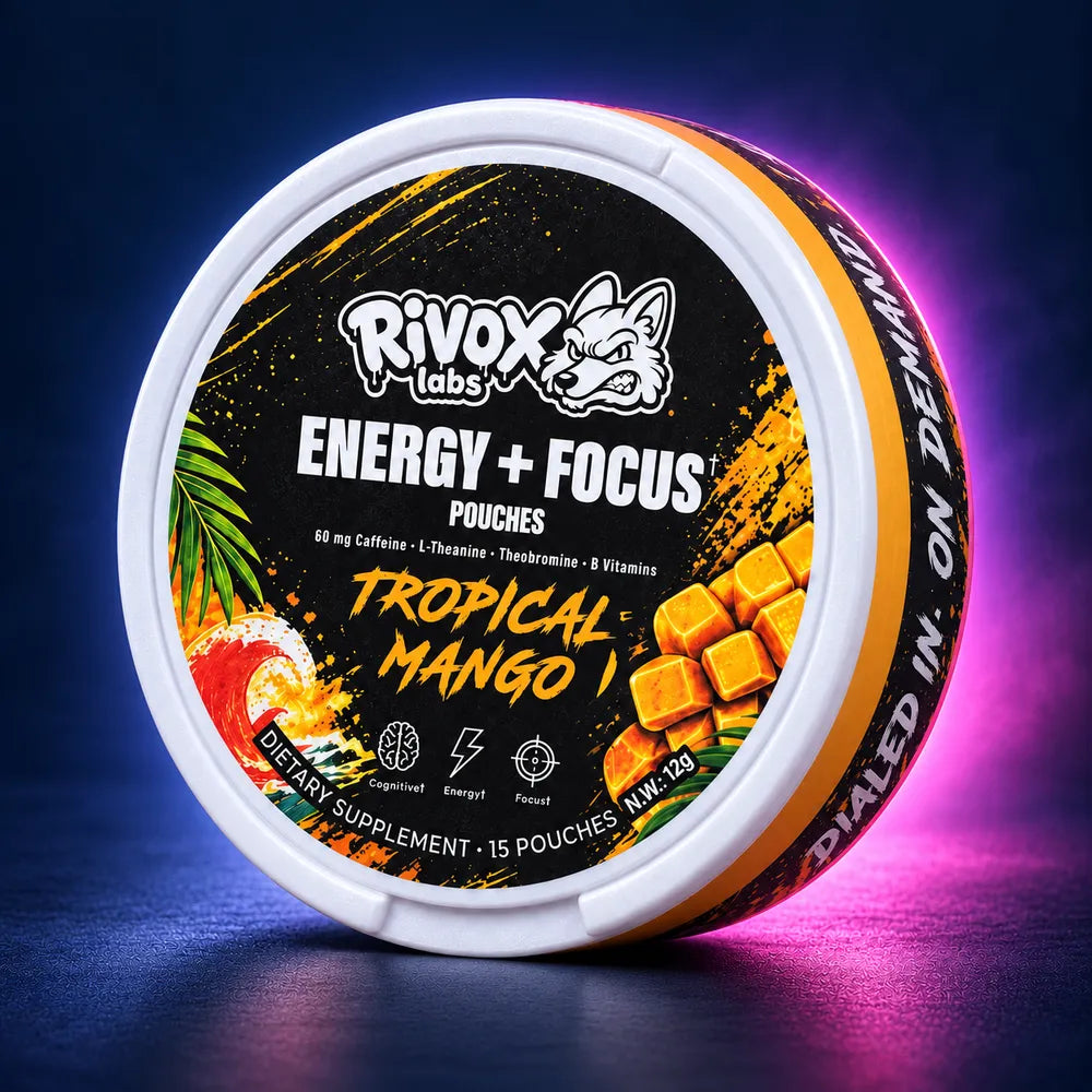 Rivox Focus Pouches – Tropical Mango | Zero-Nicotine Energy + Focus, Caffeine + L-Theanine