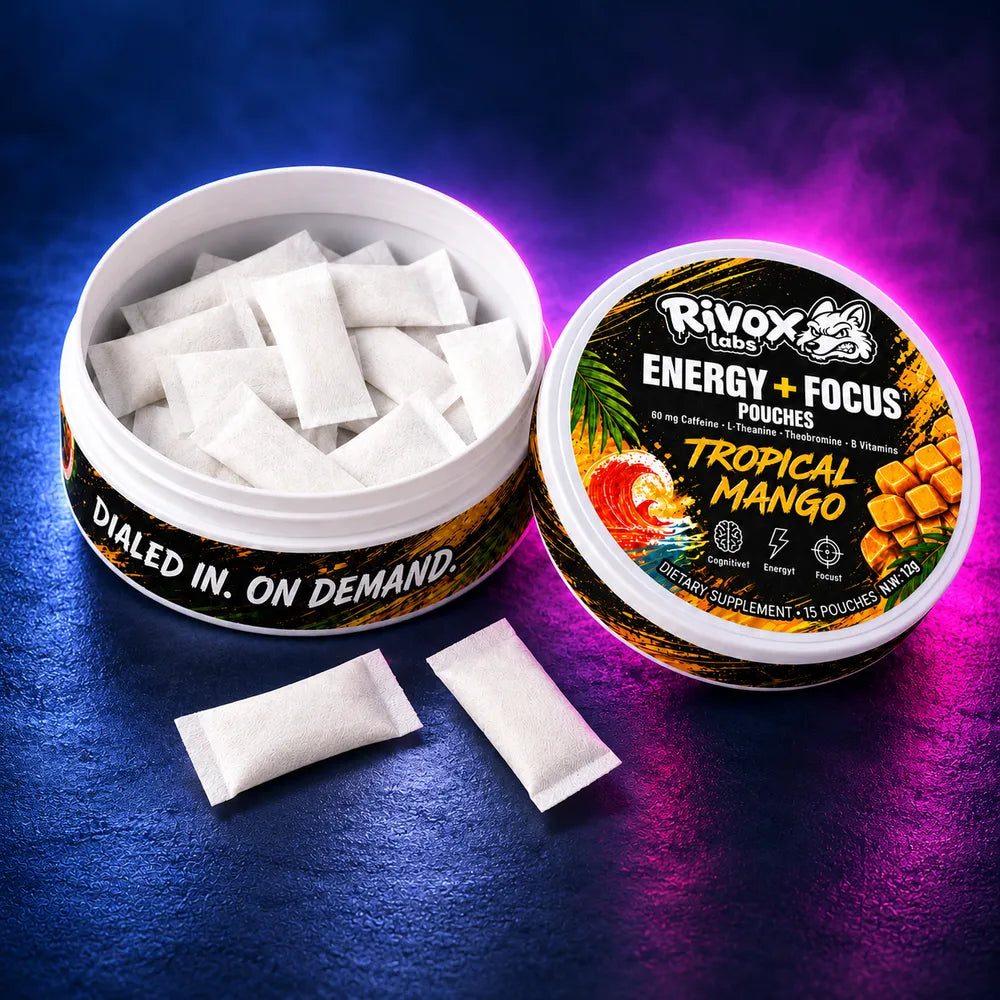 Product details and open packaging · Rivox Focus Pouches – Tropical Mango | Zero-Nicotine Energy + Focus, Caffeine + L-Theanine