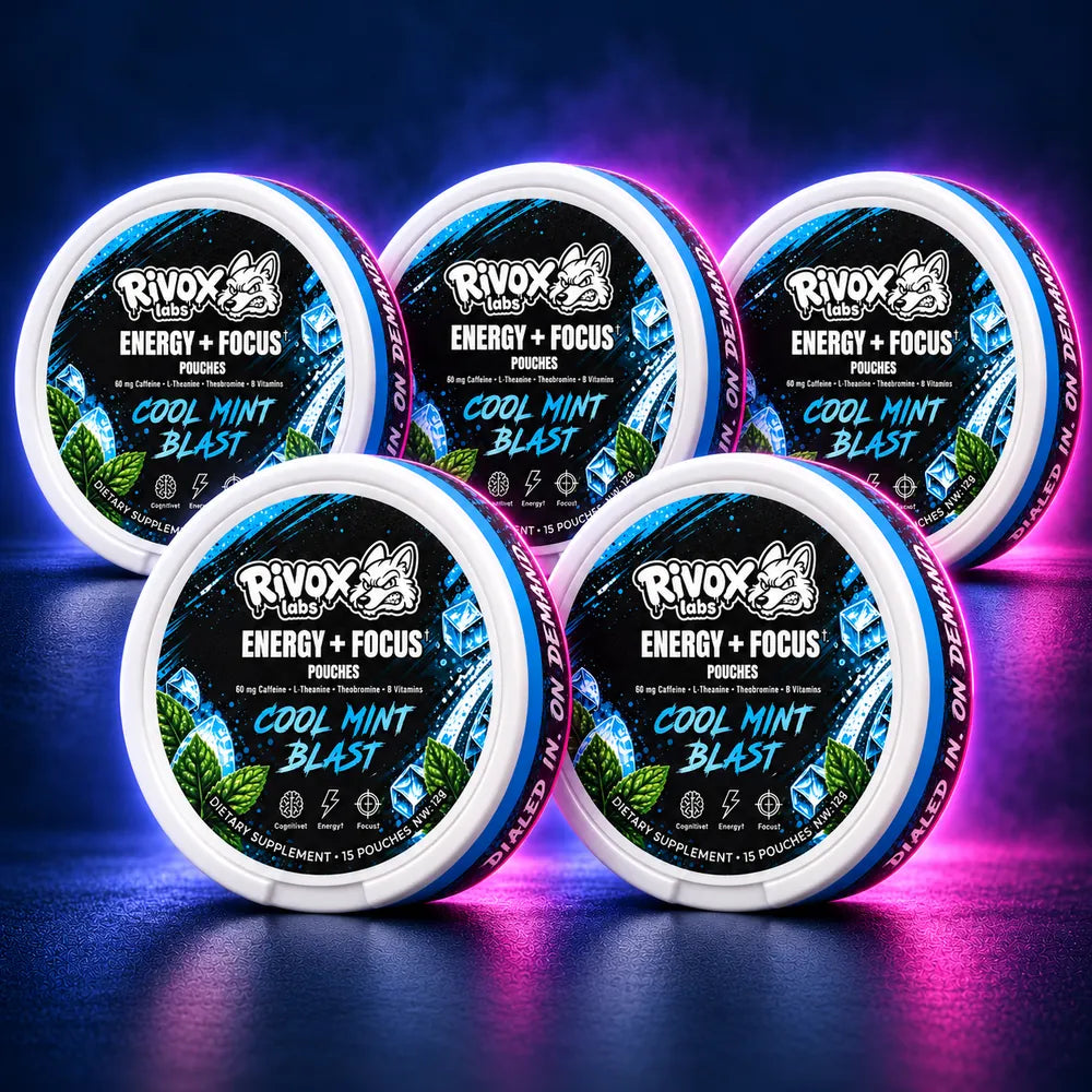 Five round white plastic Rivox labs Energy + Focus Cool Mint Blast tins stacked and arranged on a white surface.