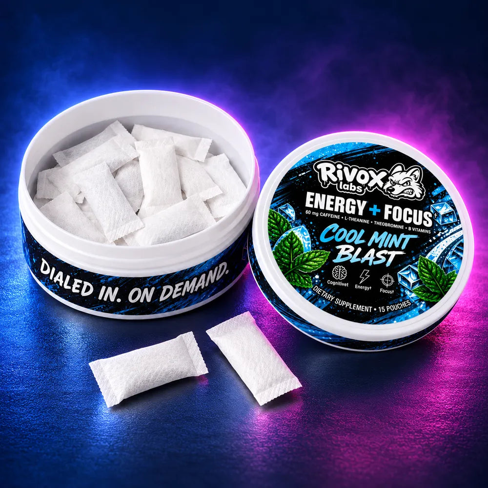 Product details and open packaging · Rivox Focus Pouches – Cool Mint | Zero-Nicotine Energy + Focus, Caffeine + L-Theanine