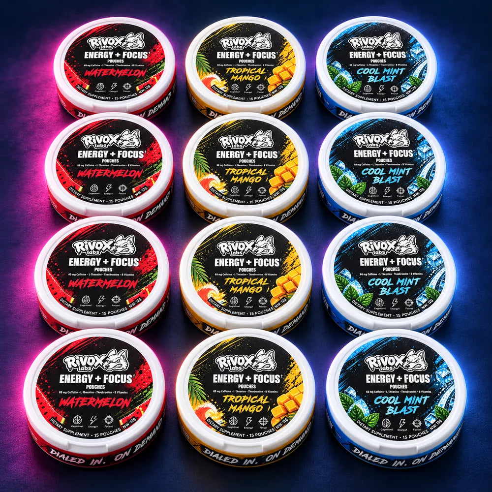 Twelve round plastic Rivox labs Energy + Focus cans in Cool Mint Blast, Tropical Mango, and Watermelon flavors.