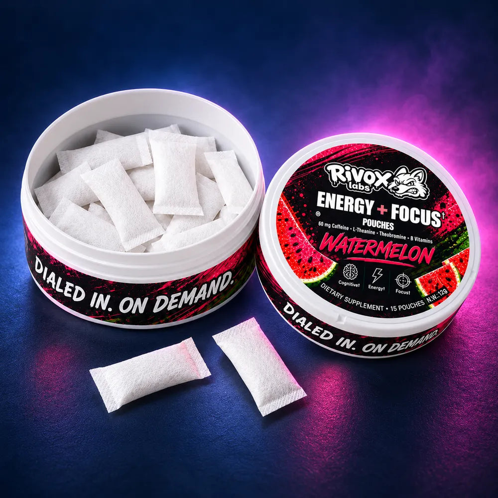 Product details and open packaging · Rivox Focus Pouches – Watermelon | Zero-Nicotine Energy + Focus, Caffeine + L-Theanine